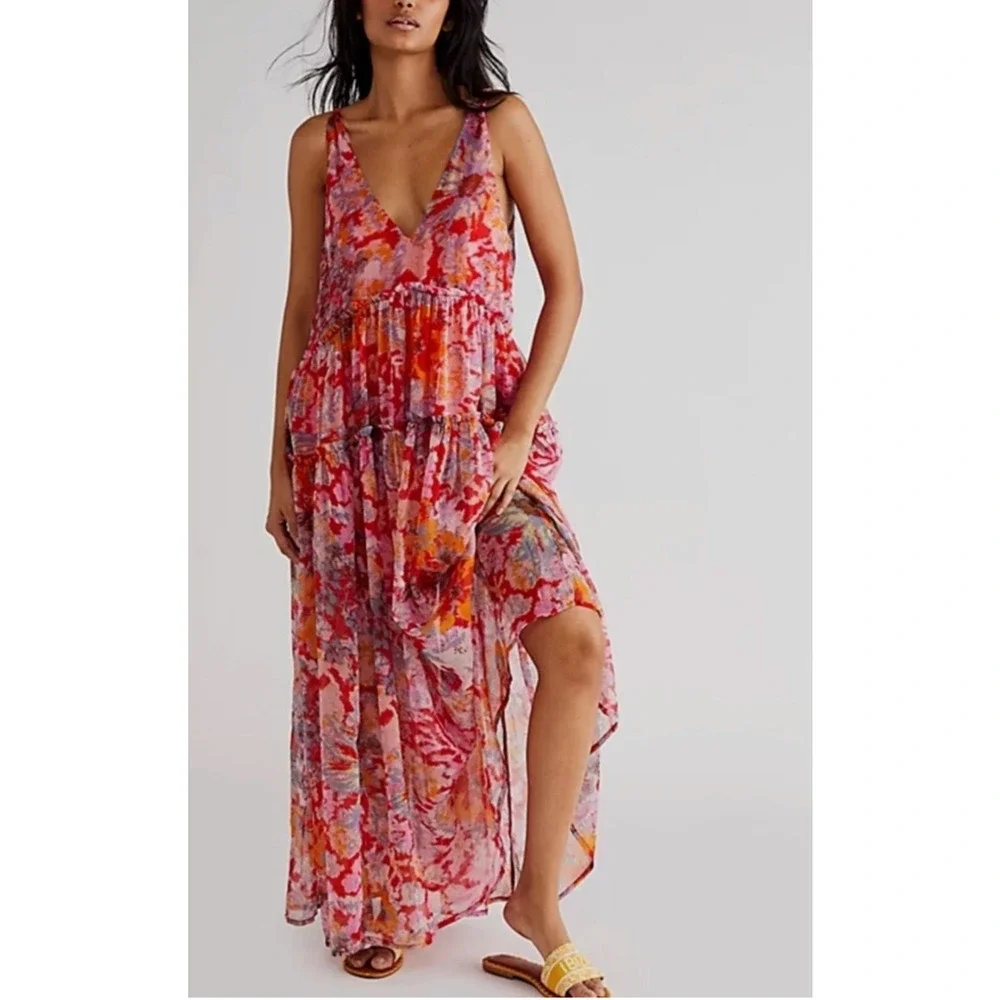 NEW FREE PEOPLE CHERRY RED PINK JULIANNA FLORAL MAXI DRESS SZ M